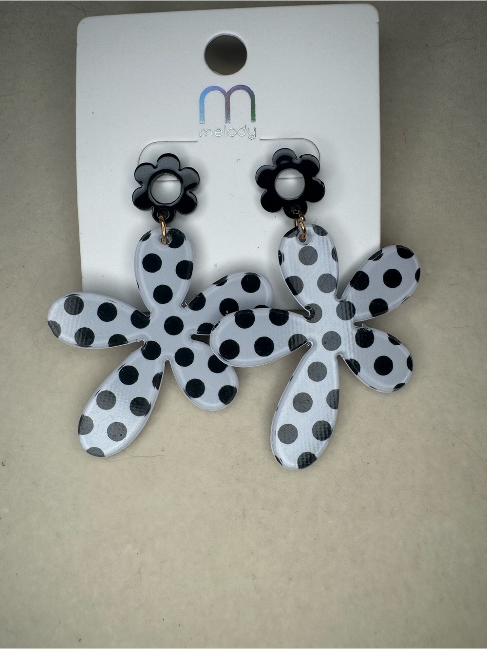 New Melody Black & White Polka Dot Flower Drop Earrings